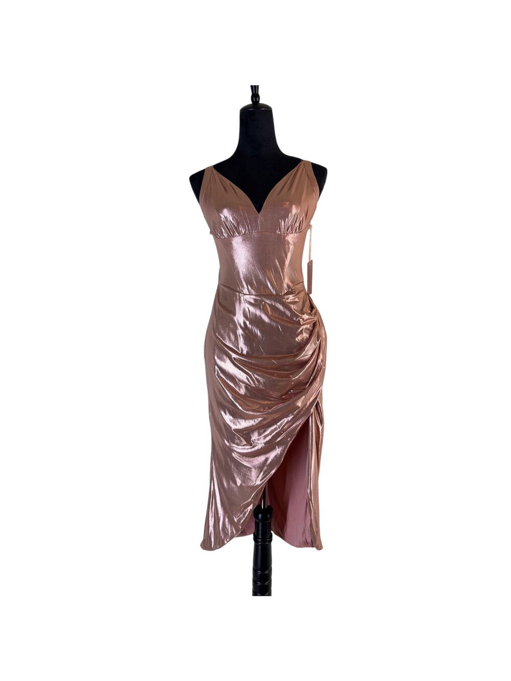 Rosevelvet Metallic Rose Gold Pink Slit Midi Dress Gown L NWT